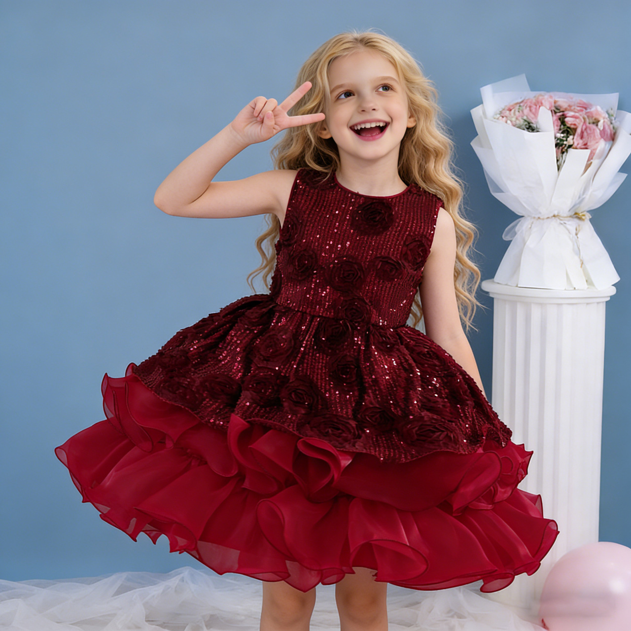 Kids Elegant Flower Girl Dress Sparkling Sequin Layered Tulle Puffy Princess Dress for Birthday Wedding Pageant