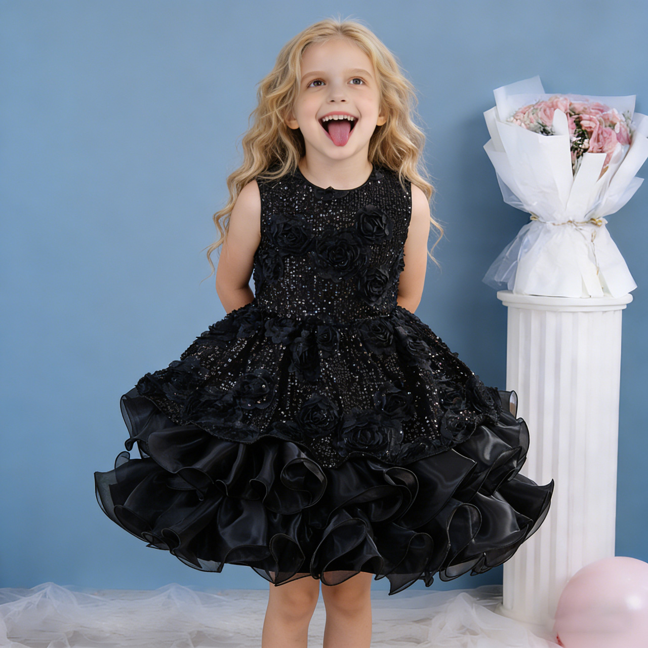Kids Elegant Flower Girl Dress Sparkling Sequin Layered Tulle Puffy Princess Dress for Birthday Wedding Pageant