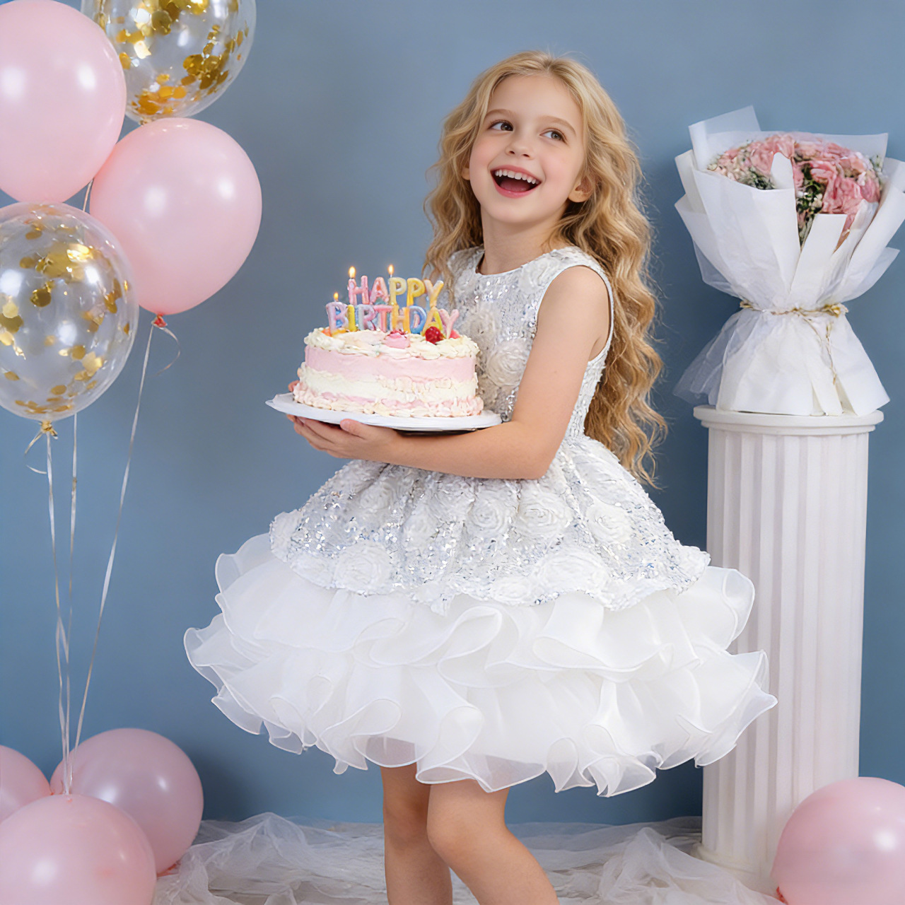 Kids Elegant Flower Girl Dress Sparkling Sequin Layered Tulle Puffy Princess Dress for Birthday Wedding Pageant