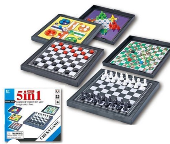 5-in-1 Magnetic Board Game Set – Chess Board Game Chess Ludo Snakes & Ladders Checkers  and Chinese Checkers. 5 in 1 GameBoard set Portable Travel Gift Fun Snakes and Ladders Party game Adults Teens