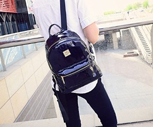 Girl's Holographic Laser Leather bag Backpack College Students School Bag Travel Satchel (Black)