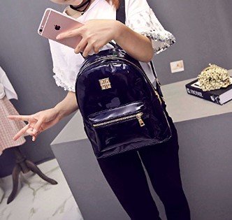 Girl's Holographic Laser Leather bag Backpack College Students School Bag Travel Satchel (Black)