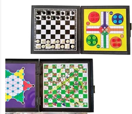 5-in-1 Magnetic Board Game Set – Chess Board Game Chess Ludo Snakes & Ladders Checkers  and Chinese Checkers. 5 in 1 GameBoard set Portable Travel Gift Fun Snakes and Ladders Party game Adults Teens