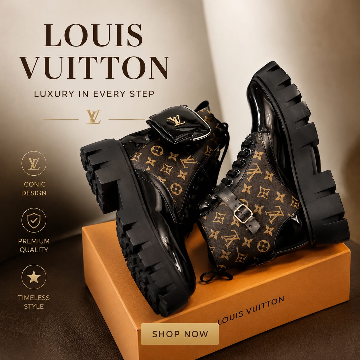 🔥 LOUIS VUITTON (LV) Prada Boots, Women's Luxury Black Patent Combat Boots with Side Pocket – Chunky Platform Designer Ankle Boots, Fashion Lace-Up Military Boots, Trendy Streetwear Winter Footwear