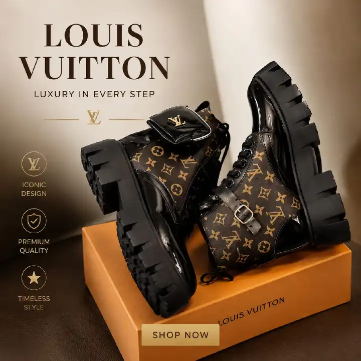 🔥 LOUIS VUITTON (LV) Prada Boots, Women's Luxury Black Patent Combat Boots with Side Pocket – Chunky Platform Designer Ankle Boots, Fashion Lace-Up Military Boots, Trendy Streetwear Winter Footwear