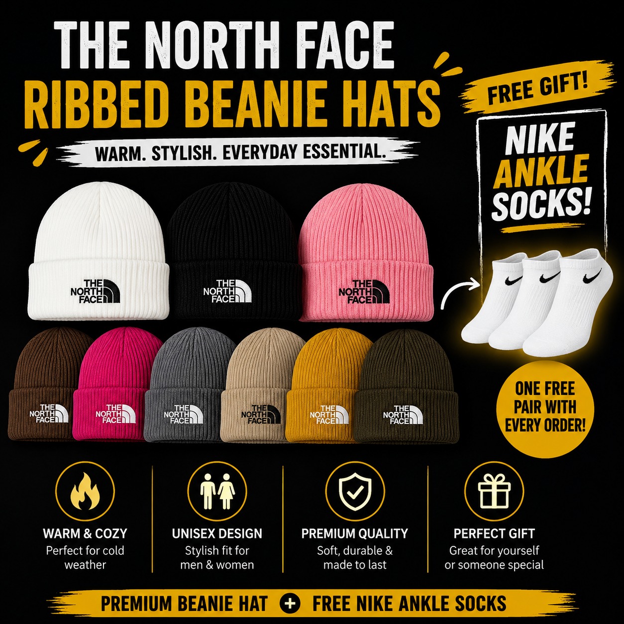 🔥 (N OFFER) 🔥 The North Face Ribbed Knit Beanie Hat – Unisex Winter Warm Skull Cap for Men & Women with FREE Nike Ankle Socks | Soft Stretch Cuffed Beanie | Streetwear Fashion Winter Hat | Cold Weat