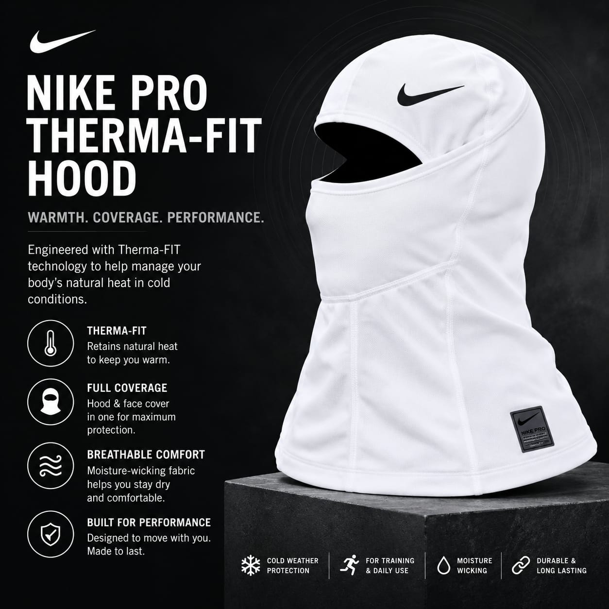 🔥 Nike Pro Therma-FIT Hood Balaclava –White Winter Face Mask Ski Mask Beanie Full Coverage Cold Weather Sports Hood (mavins, caps, head wraps, head bands)