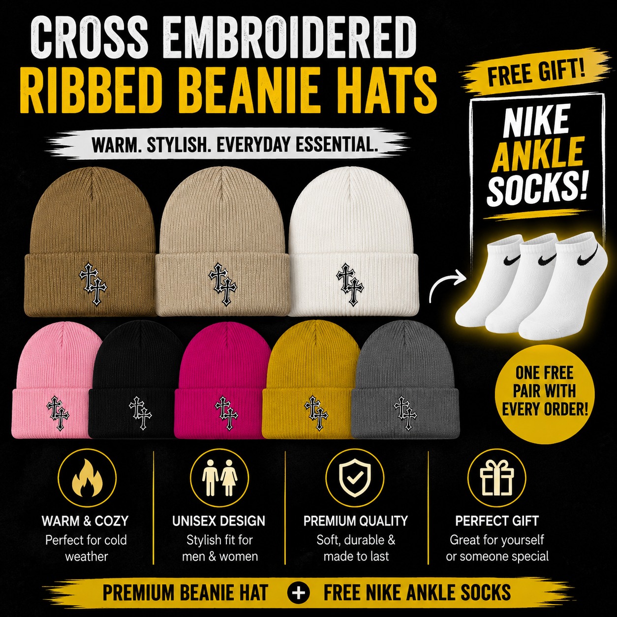 🔥 (ON OFFER) 🔥 Chrome Heart Embroidered Ribbed Knit Beanie Hat – Unisex Winter Warm Skull Cap for Men & Women with FREE Nike Ankle Socks | Soft Stretch Cuffed Beanie | Streetwear Fashion Winter Hat
