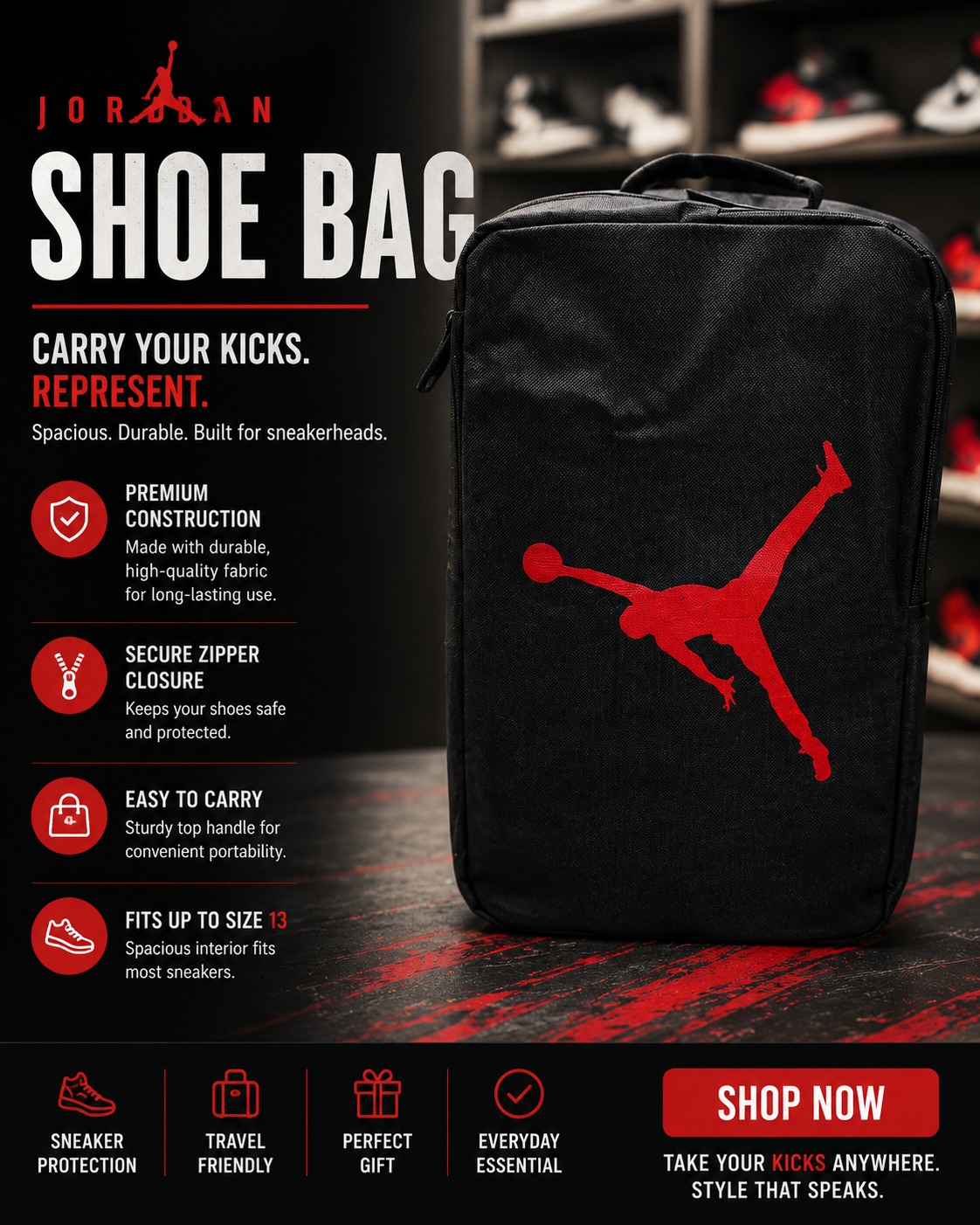 🔥 Nike Jordan Foot ball bag, Soccer bag Basketball bag,  Jordan Sneaker Shoe Bag | Premium Basketball Shoe Travel Bag | Portable Sneaker Storage Case | Durable Zip Shoe Organizer | Sports Gym Carry B