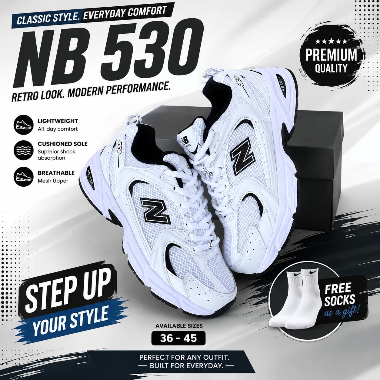 🔥 New (NB 530) Balance Black Premium Unisex Retro Running Sneakers – Lightweight Breathable Mesh, Cushioned ABZORB Comfort Sole, Stylish Everyday Casual Sports Shoes, Durable Trainers with FREE Socks