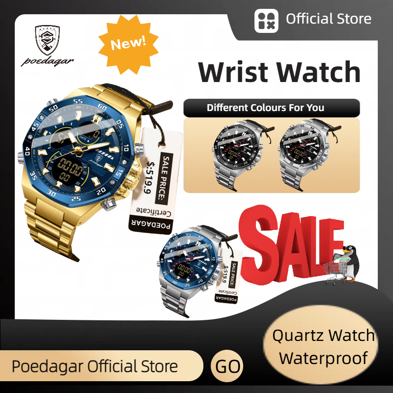 POEDAGAR Official Certified Product 2025 New dual display electronic watch for men; multi-functional luminous watch