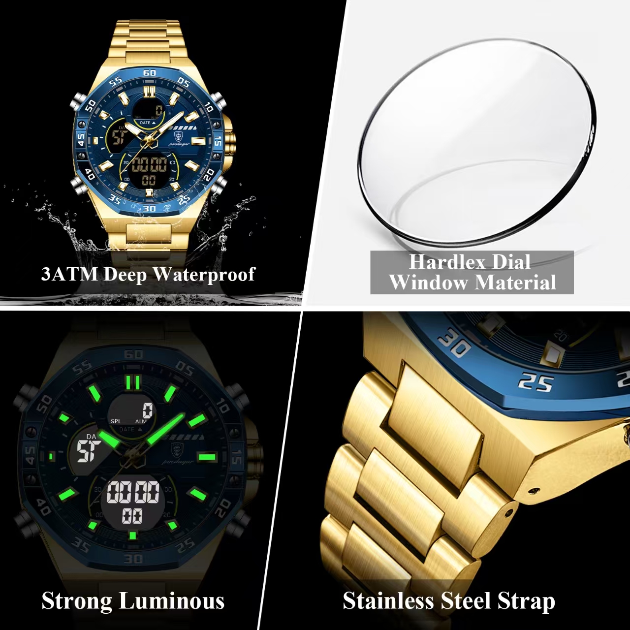 POEDAGAR Official Certified Product 2025 New dual display electronic watch for men; multi-functional luminous watch