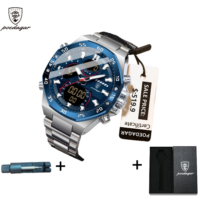 POEDAGAR Official Certified Product 2025 New dual display electronic watch for men; multi-functional luminous watch