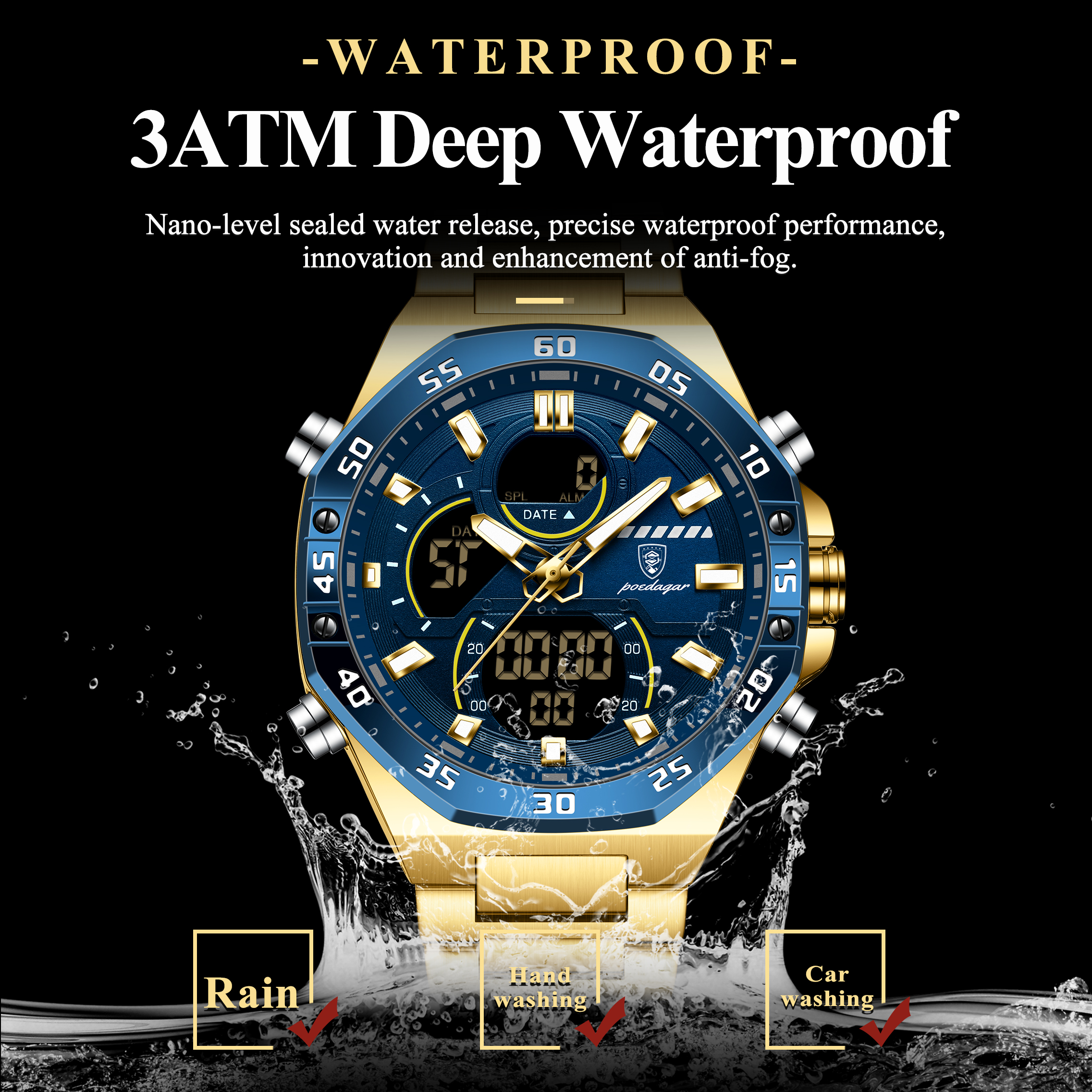 POEDAGAR Official Certified Product 2025 New dual display electronic watch for men; multi-functional luminous watch