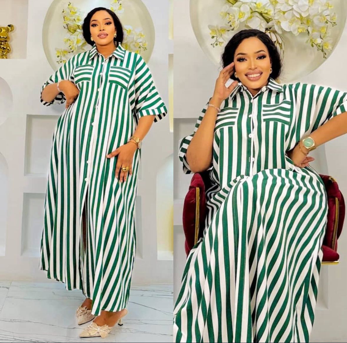 Elegant Women’s Striped Maxi Shirt Dress – Oversized Button-Down Kaftan Style Long Dress, Red & White Vertical Stripe Loose Fit Outfit, Casual Chic Fashion for Parties, Events & Everyday Comfort Wear