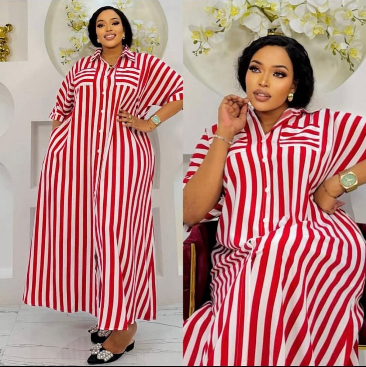 Elegant Women’s Striped Maxi Shirt Dress – Oversized Button-Down Kaftan Style Long Dress, Red & White Vertical Stripe Loose Fit Outfit, Casual Chic Fashion for Parties, Events & Everyday Comfort Wear