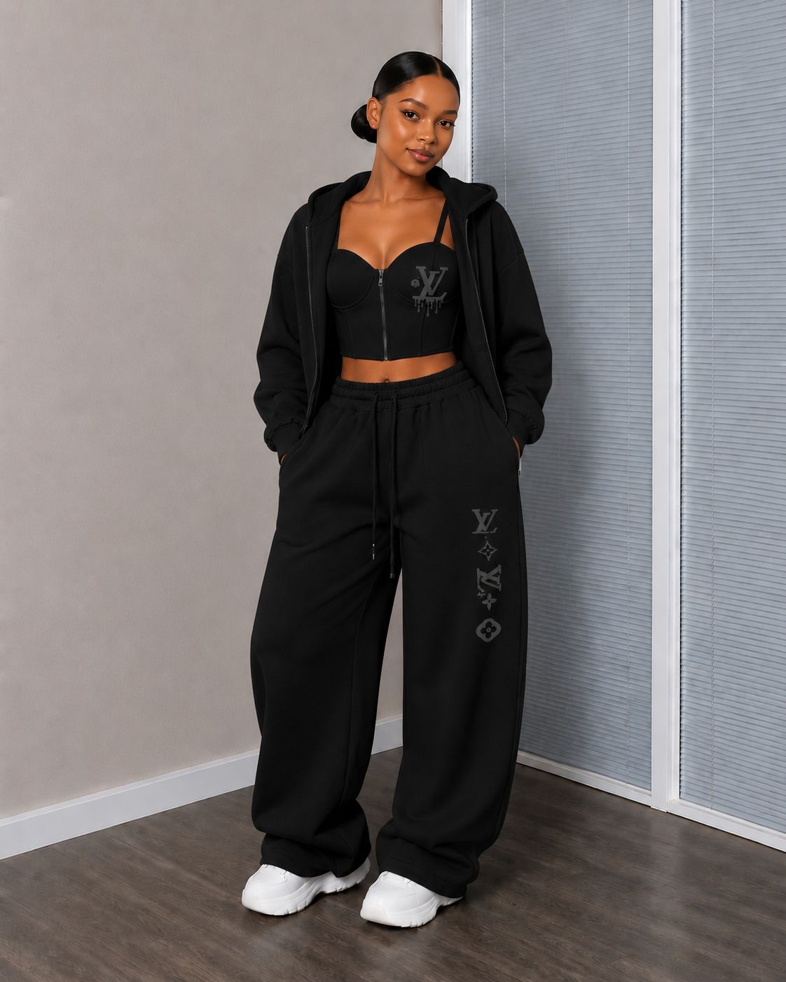 Urban Luxe Zip-Up Corset Lounge Set – Women’s 3 Piece Streetwear Tracksuit with Push-Up Bustier Crop Top, Oversized Hoodie Jacket & Wide Leg Sweatpants Fashion Outfit