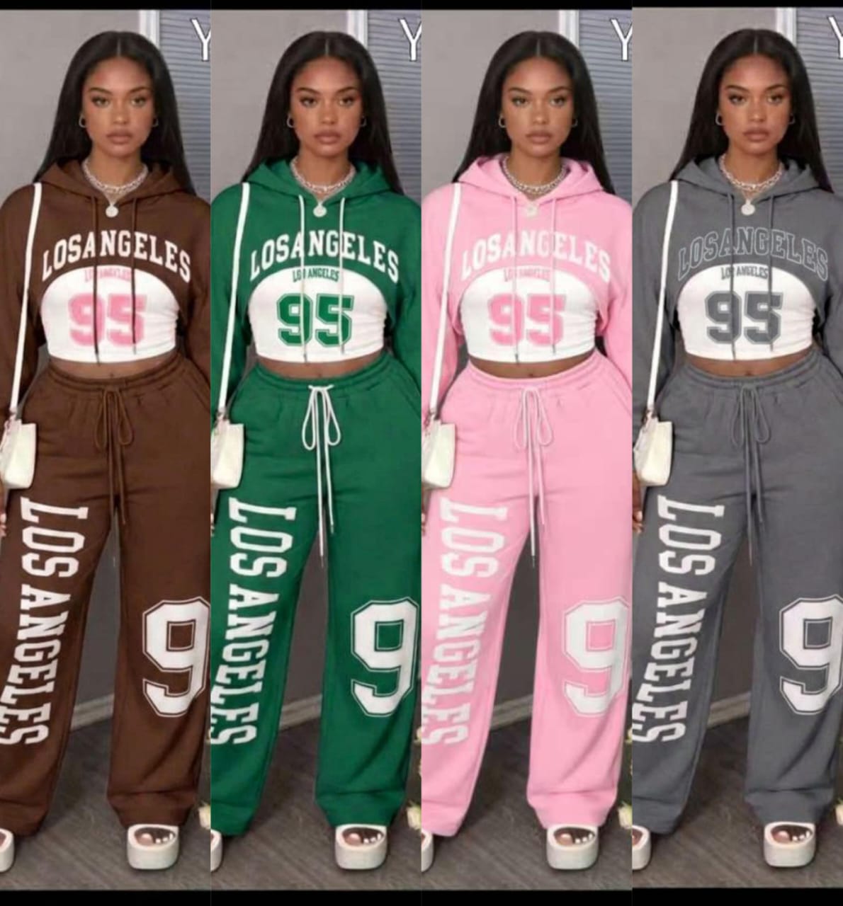 Urban Luxe LA 95 Cropped Hoodie & Wide Leg Sweatpants Set – Trendy Women’s Two Piece Tracksuit Lounge Wear Outfit with Graphic Print, Soft Fleece Fabric and Street Style Comfort