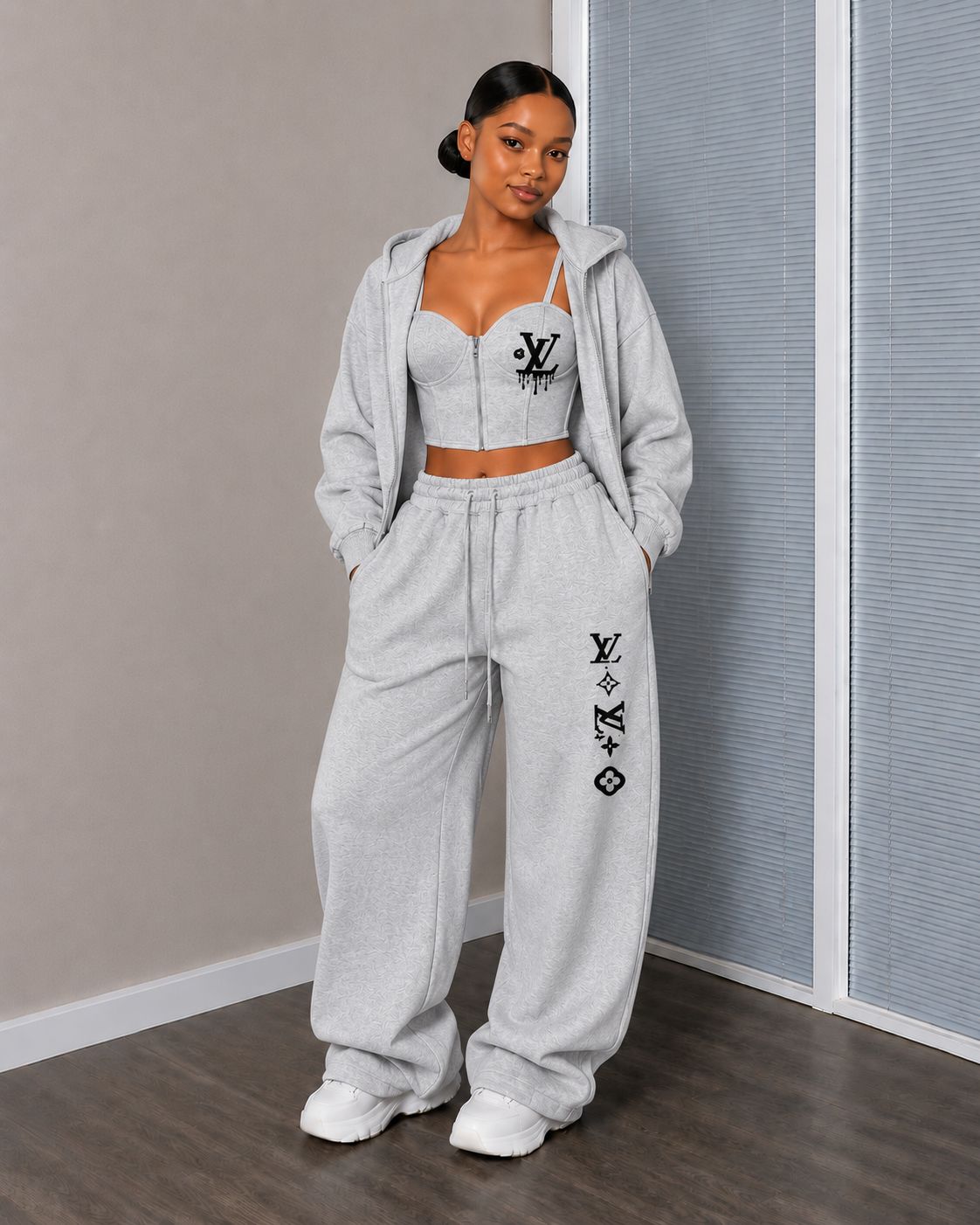 Urban Luxe Zip-Up Corset Lounge Set – Women’s 3 Piece Streetwear Tracksuit with Push-Up Bustier Crop Top, Oversized Hoodie Jacket & Wide Leg Sweatpants Fashion Outfit