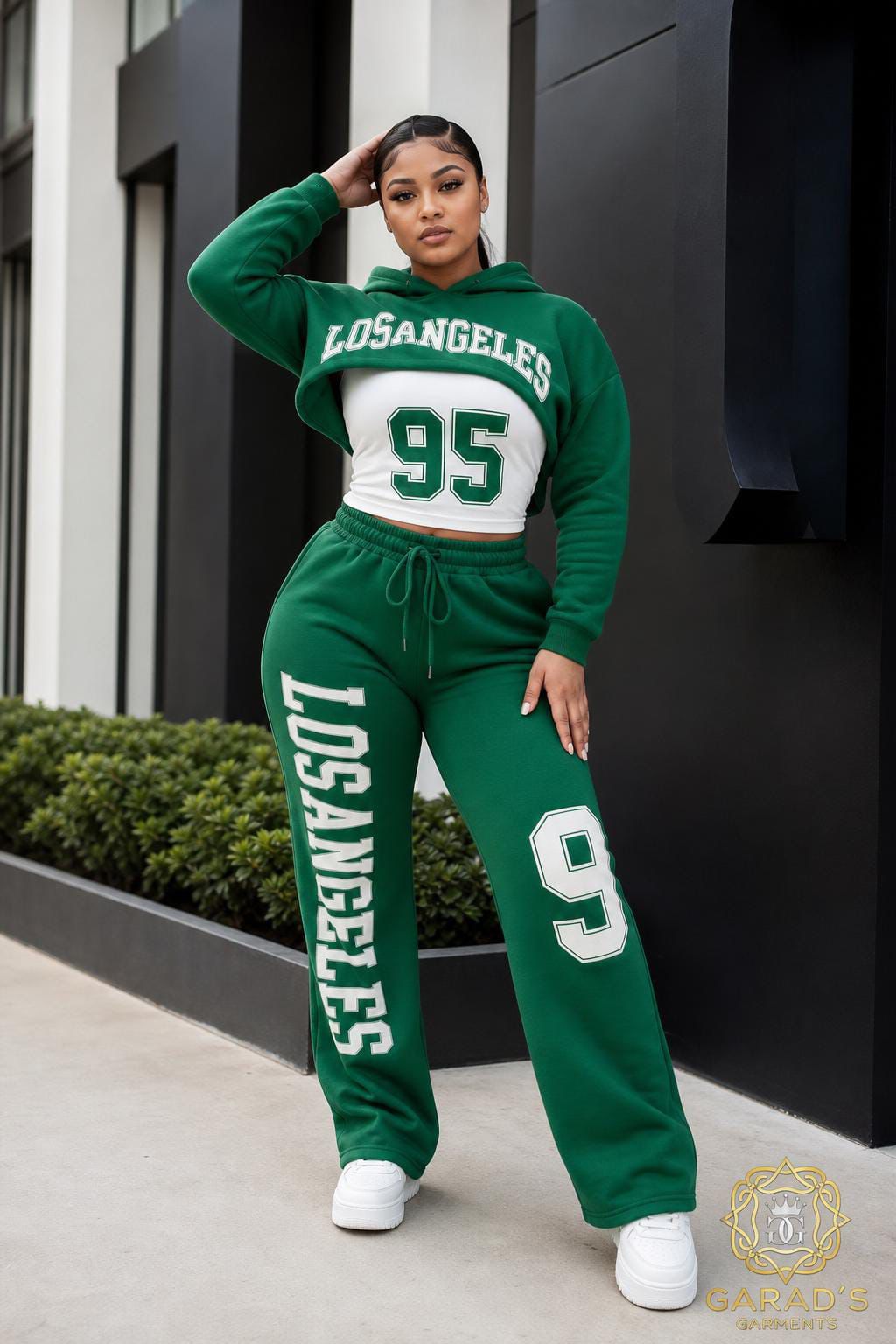 Urban Luxe LA 95 Cropped Hoodie & Wide Leg Sweatpants Set – Trendy Women’s Two Piece Tracksuit Lounge Wear Outfit with Graphic Print, Soft Fleece Fabric and Street Style Comfort