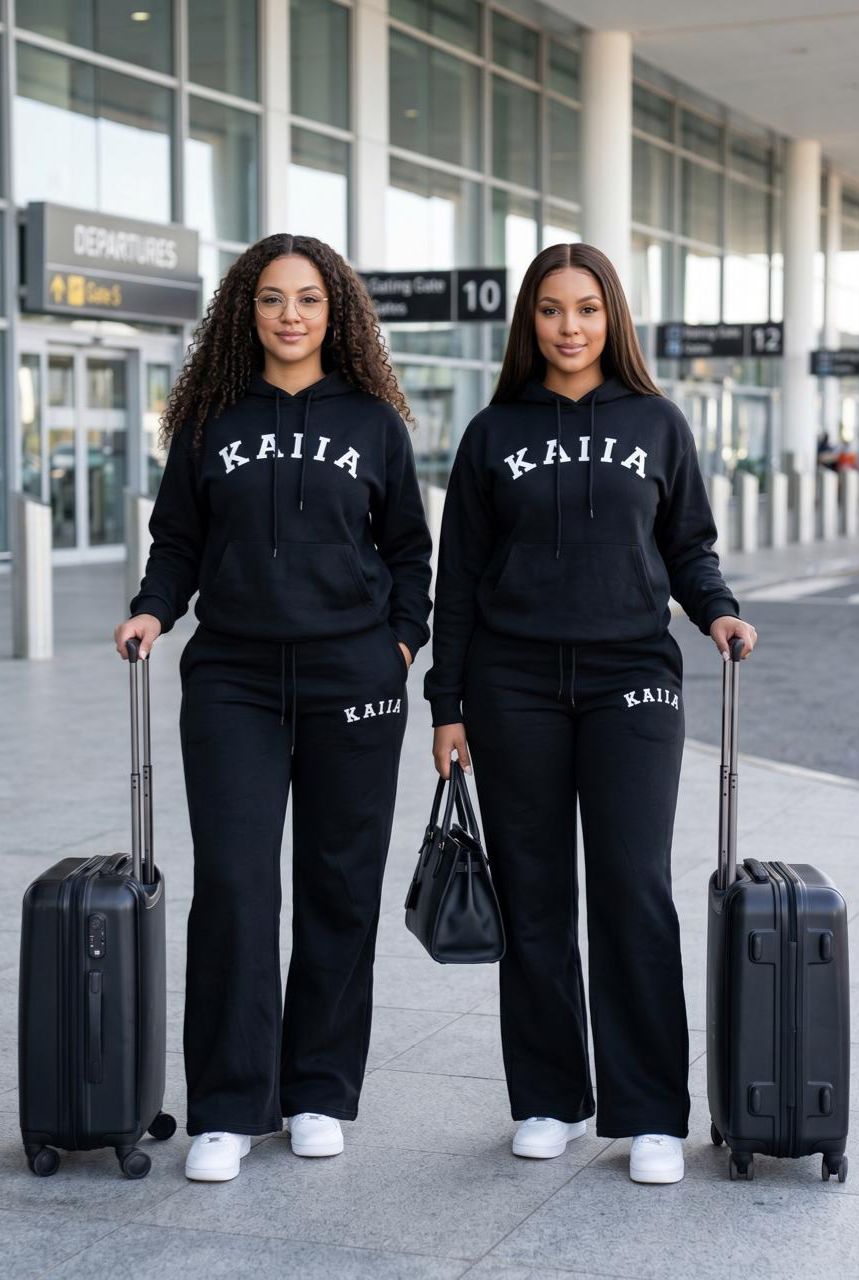 KAIIA Luxe Travel Comfort Two-Piece Hoodie & Wide-Leg Sweatpants Set for Women – Premium Casual Airport Lounge Tracksuit Outfit in Brown, Green, White & Black Colors