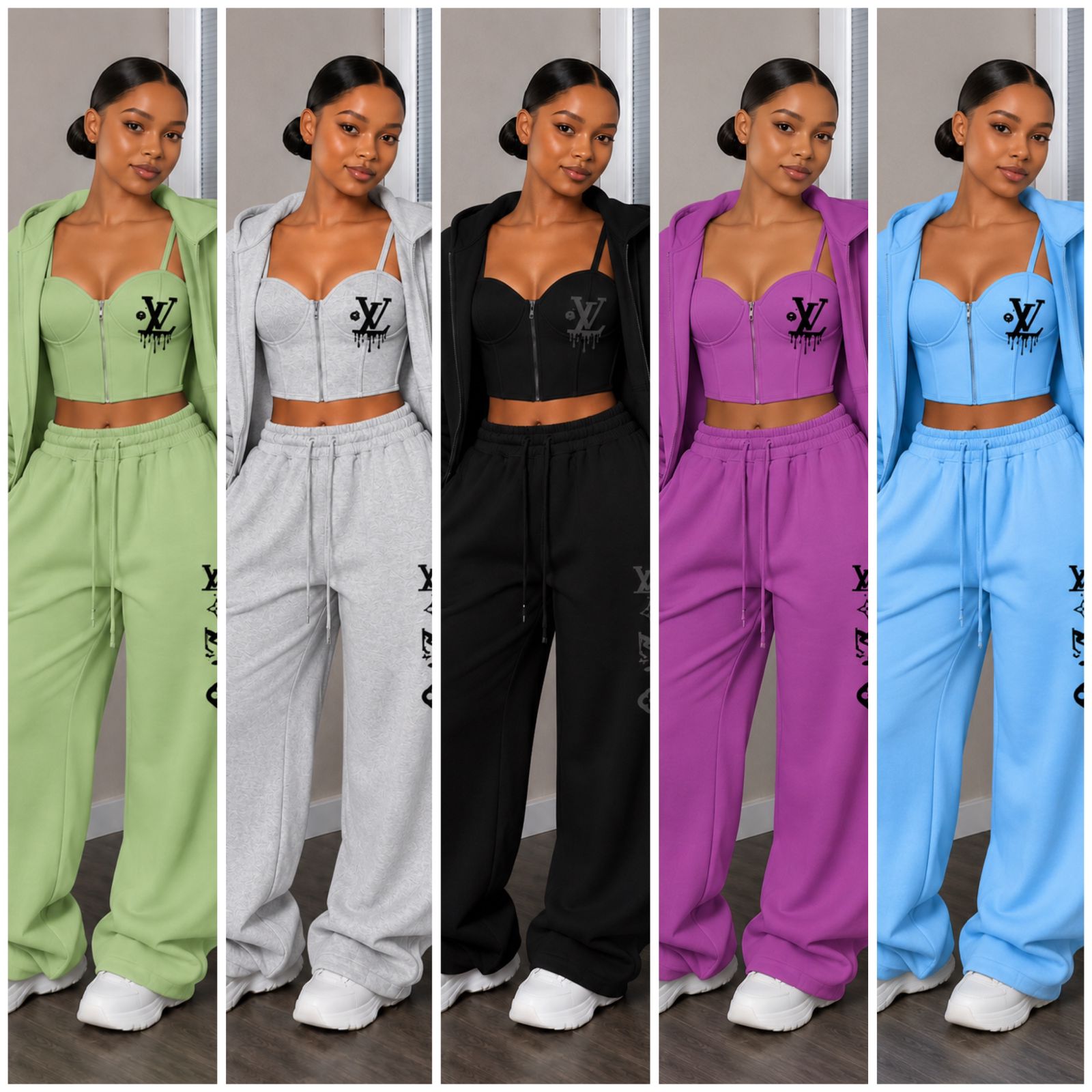 Urban Luxe Zip-Up Corset Lounge Set – Women’s 3 Piece Streetwear Tracksuit with Push-Up Bustier Crop Top, Oversized Hoodie Jacket & Wide Leg Sweatpants Fashion Outfit