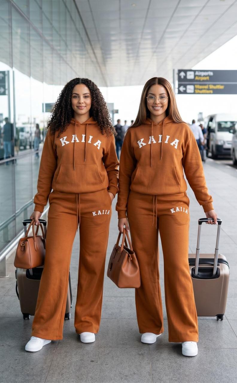 KAIIA Luxe Travel Comfort Two-Piece Hoodie & Wide-Leg Sweatpants Set for Women – Premium Casual Airport Lounge Tracksuit Outfit in Brown, Green, White & Black Colors