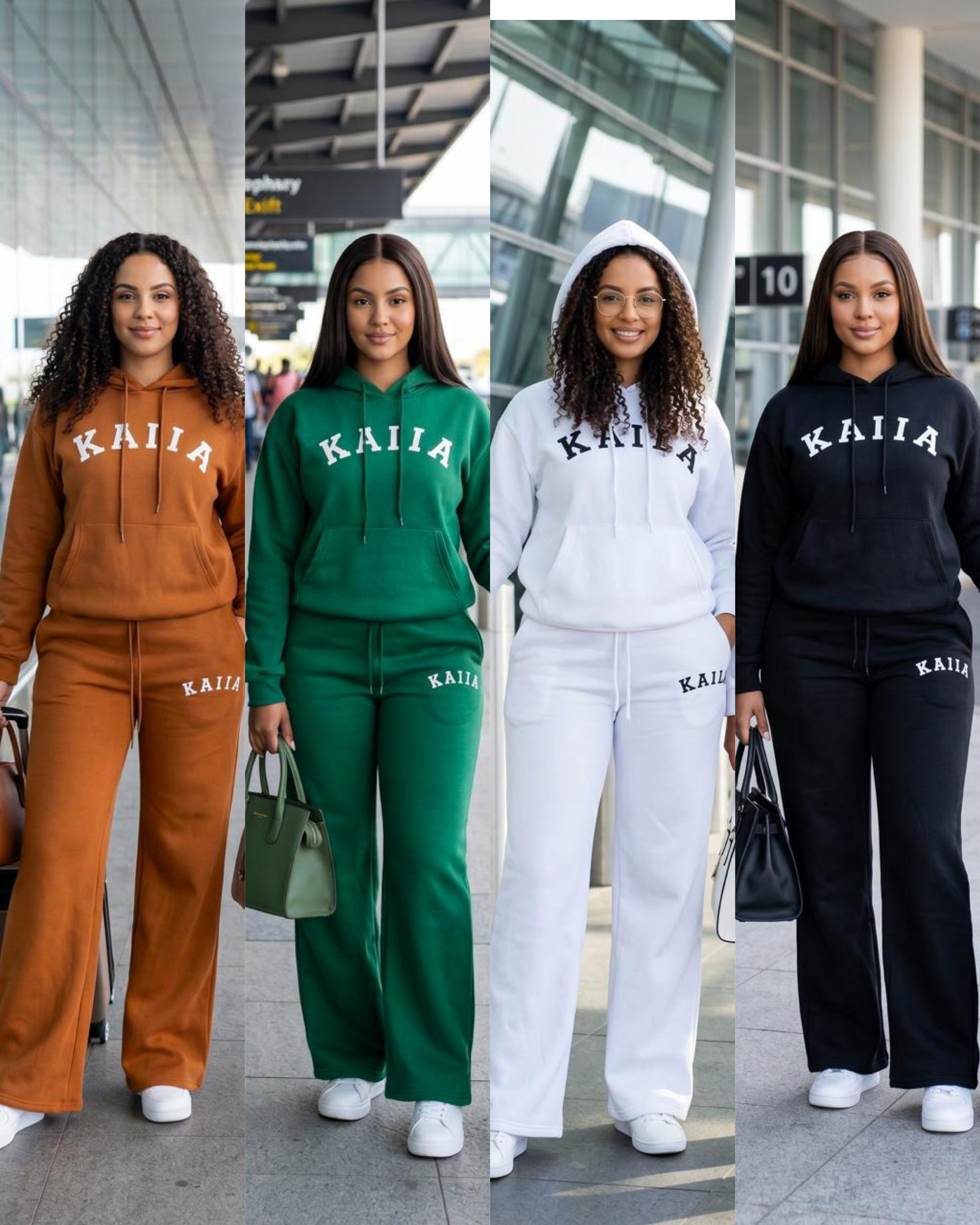 KAIIA Luxe Travel Comfort Two-Piece Hoodie & Wide-Leg Sweatpants Set for Women – Premium Casual Airport Lounge Tracksuit Outfit in Brown, Green, White & Black Colors