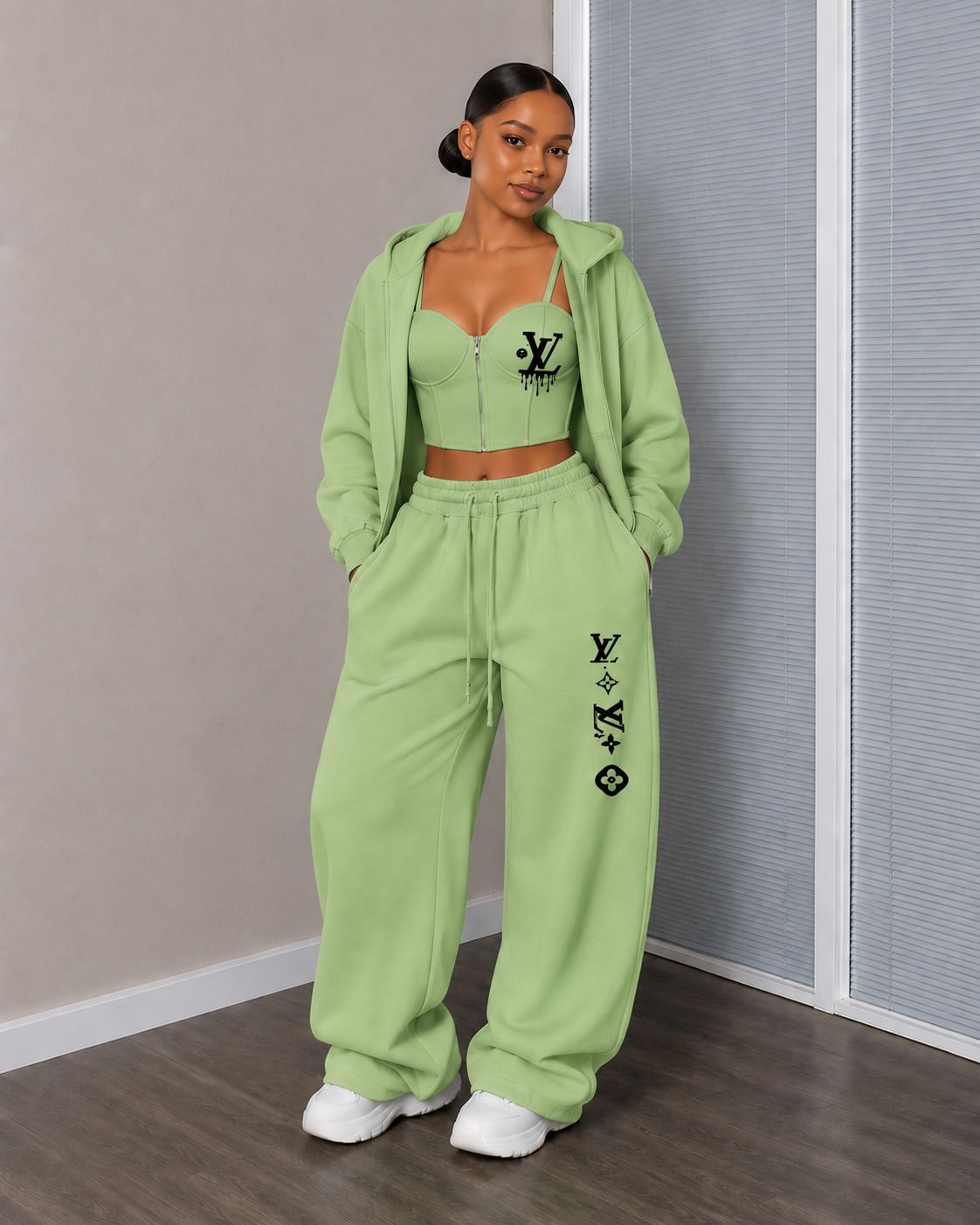 Urban Luxe Zip-Up Corset Lounge Set – Women’s 3 Piece Streetwear Tracksuit with Push-Up Bustier Crop Top, Oversized Hoodie Jacket & Wide Leg Sweatpants Fashion Outfit