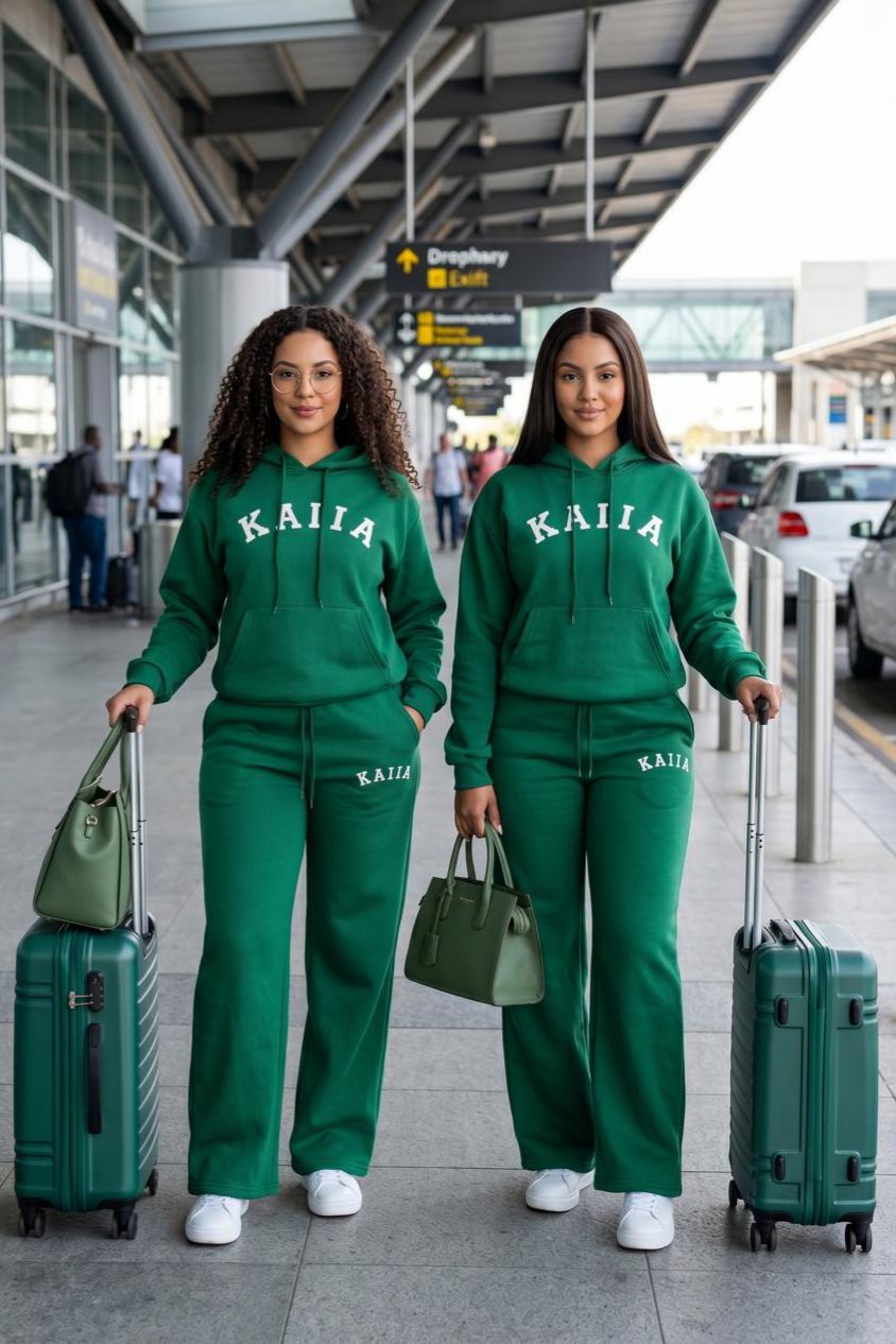 KAIIA Luxe Travel Comfort Two-Piece Hoodie & Wide-Leg Sweatpants Set for Women – Premium Casual Airport Lounge Tracksuit Outfit in Brown, Green, White & Black Colors