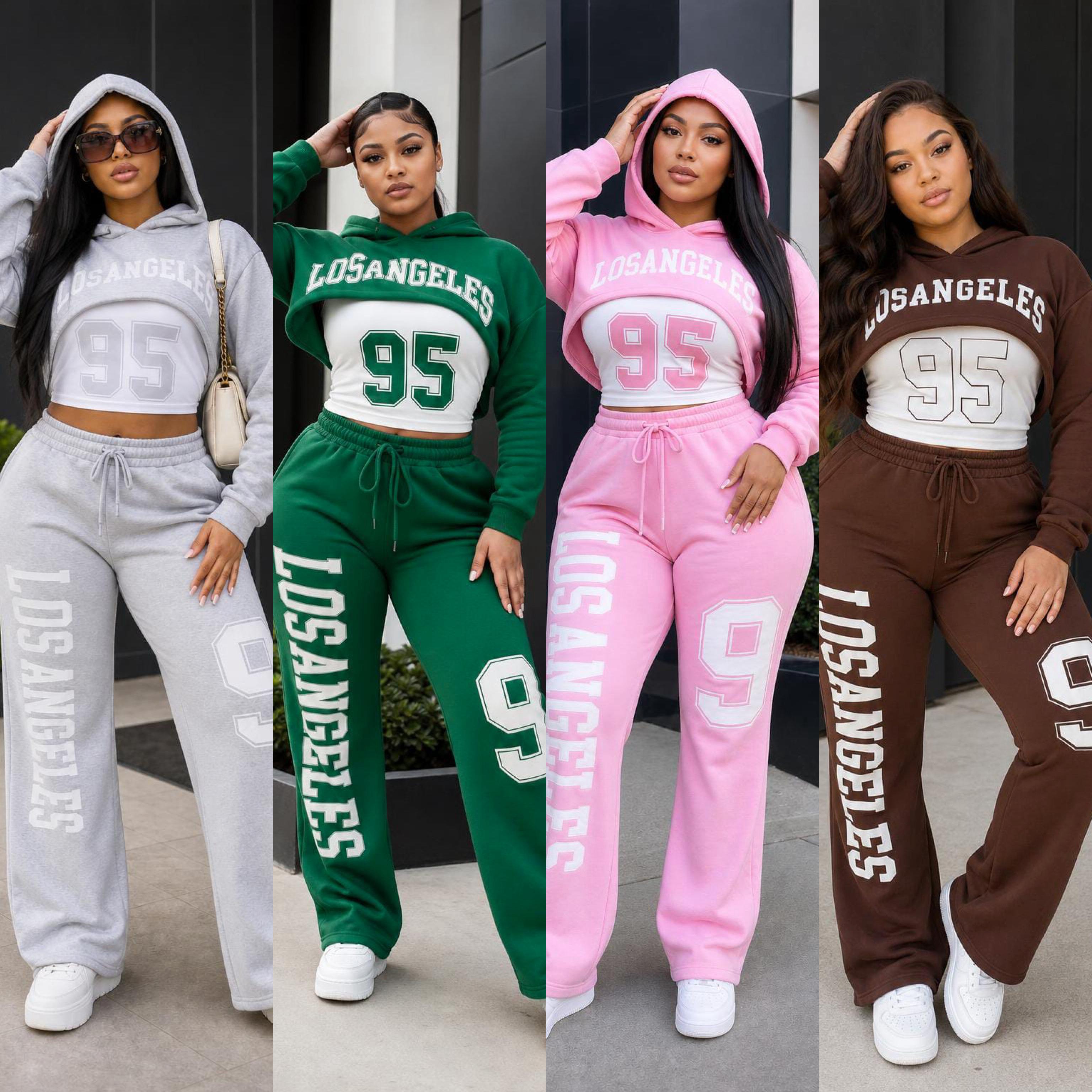 Urban Luxe LA 95 Cropped Hoodie & Wide Leg Sweatpants Set – Trendy Women’s Two Piece Tracksuit Lounge Wear Outfit with Graphic Print, Soft Fleece Fabric and Street Style Comfort