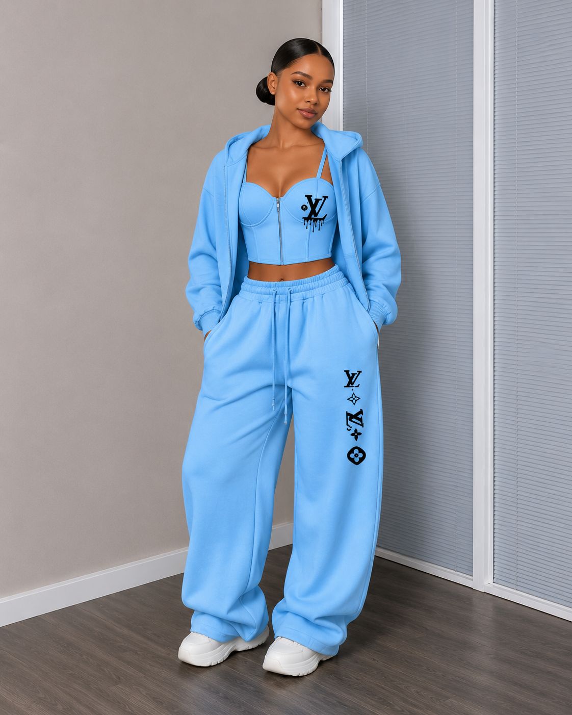 Urban Luxe Zip-Up Corset Lounge Set – Women’s 3 Piece Streetwear Tracksuit with Push-Up Bustier Crop Top, Oversized Hoodie Jacket & Wide Leg Sweatpants Fashion Outfit
