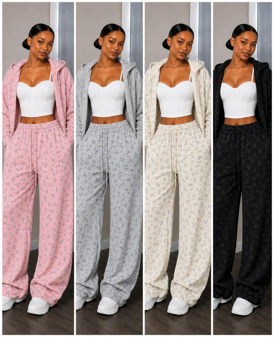 Women’s Floral Print Two-Piece Loungewear Set – Hooded Zip-Up Jacket & Wide-Leg Jogger Pants Casual Matching Tracksuit Outfit