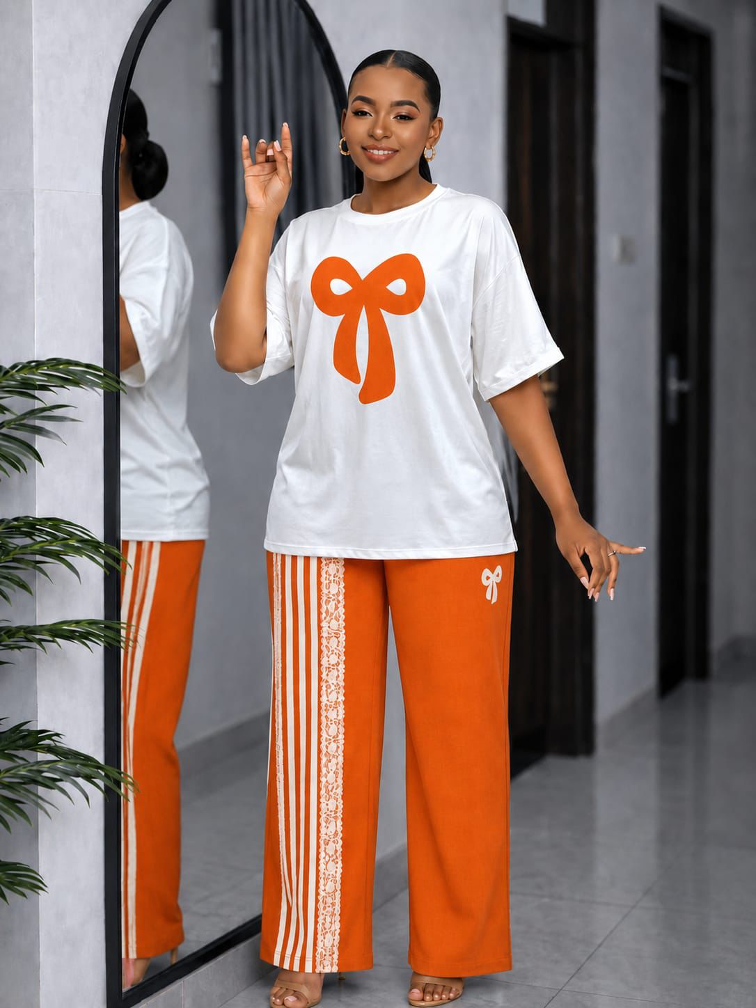 Women’s Casual Two-Piece Outfit Set – Short Sleeve Bow Graphic T-Shirt & Wide-Leg Striped Pants Matching Summer Loungewear Set