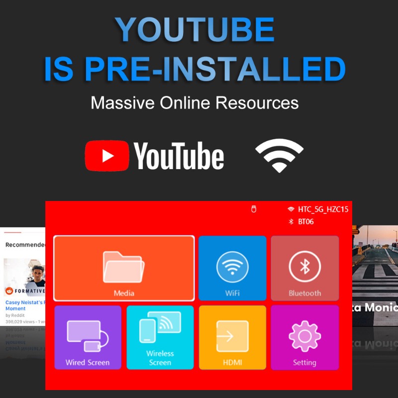 【 Gift Version 】 Built in WiFi connection and Bluetooth with YouTube, portable projector supporting 4K HD 1080P, automatic trapezoidal distortion correction 270 ° rotatable, compatible with HDMI/USB