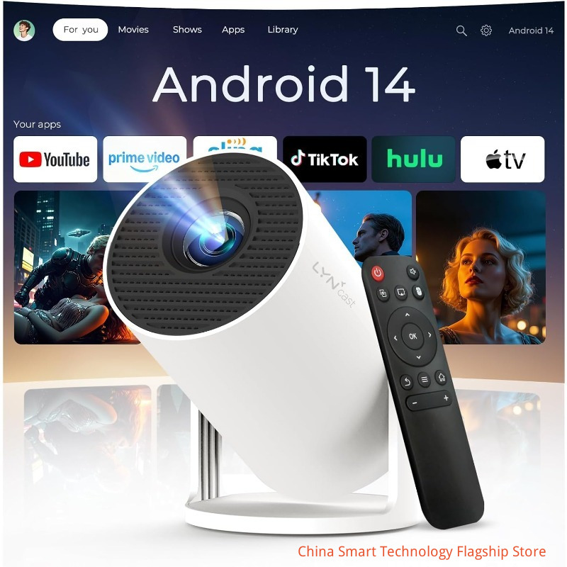 Mini Projector for Bedroom Portable with WiFi 6 and Bluetooth 5.4 Built-in Apps Android 14 OS,1080P 4K Support Auto Keystone Ceiling Projector 180° Rotatable Upgraded 300Pro+ OptiBarrel 500 White