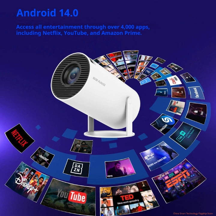 【  anniversary celebration】 HY300 PRO+2026 | Equipped with WiFi 6 and Bluetooth 5.4 built-in applications Android 141080P 4K HD support automatic trapezoidal projector 180 ° rotating projection TV