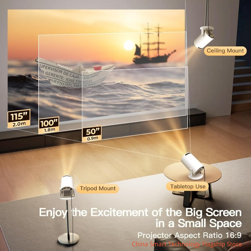 Mini Projector for Bedroom Portable with WiFi 6 and Bluetooth 5.4 Built-in Apps Android 14 OS,1080P 4K Support Auto Keystone Ceiling Projector 180° Rotatable Upgraded 300Pro+ OptiBarrel 500 White