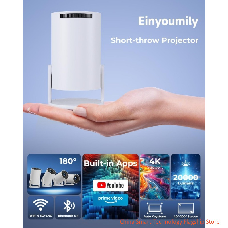 [Built-in Apps & 2026 Upgraded] Mini Projector 4K 1080P Support 20000 Lumens Portable Projector with Android 14, Auto Keystone, WiFi 6, Bluetooth 5.4, Rotatable 180° for Bedroom/Indoor/Outdoor