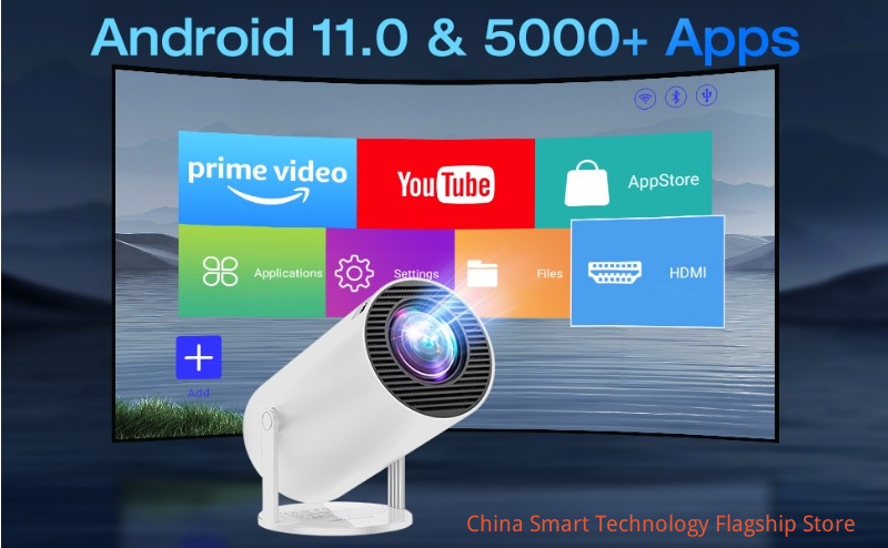 [Built-in Apps & Android 11.0] Mini Projector Portable 20000 Lux Projector 4K Supported 180° Rotation & Auto Keystone, Outdoor Compatible with TV Stick/Windows/iOS/Android/HDMI/USB (1080P)