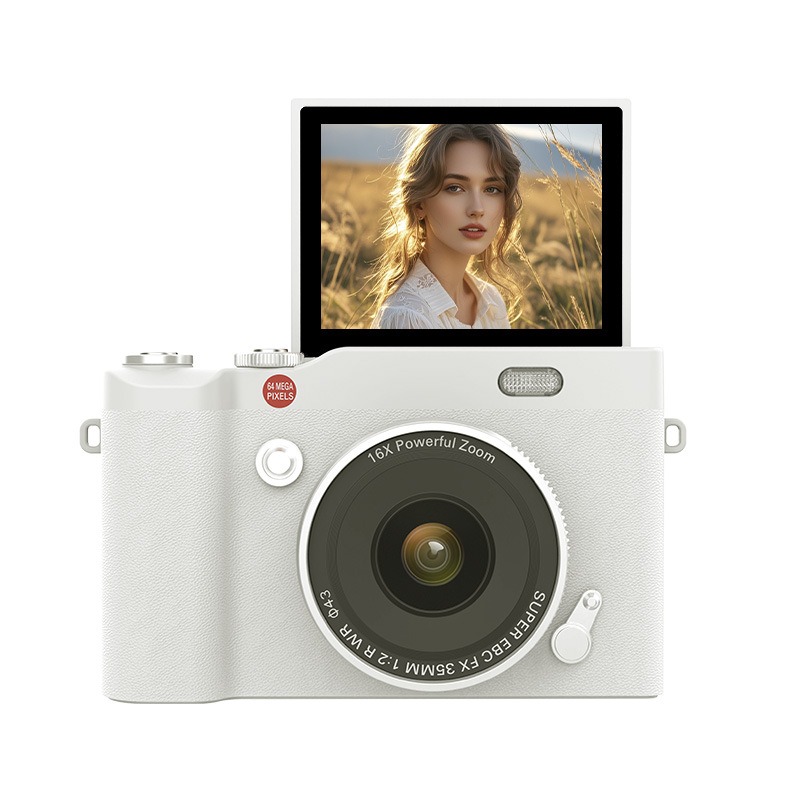 【Equipped with a 32GB memory card】64MP flip screen digital camera, compact camera for student selfies and beauty, 16X zoom portable Vlog camera for campus and travel