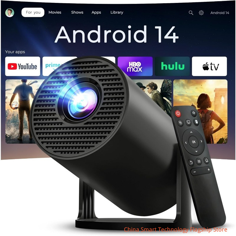 Mini Projector for Bedroom Portable with WiFi 6 and Bluetooth 5.4 Built-in Apps Android 14 OS,1080P 4K Support Auto Keystone Ceiling Projector 180° Rotatable Upgraded 300Pro+ OptiBarrel 500 White