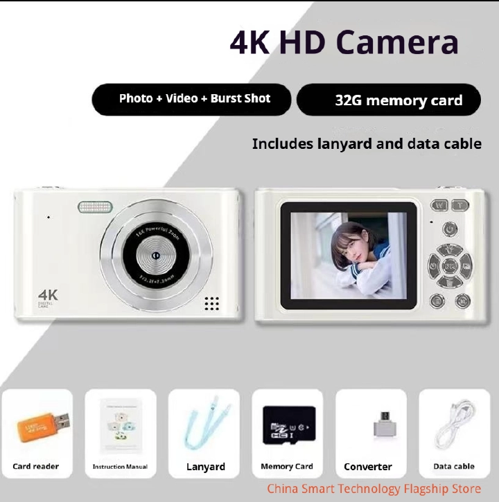 【 Standard 32GB memory card 】 4K high-definition portable digital camera CCD camera for taking photos, recording videos, campus travel vlogs, portable camera (with accessories included)