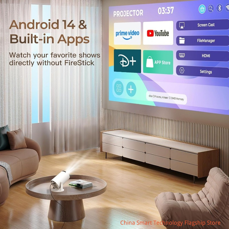 Mini Projector for Bedroom Portable with WiFi 6 and Bluetooth 5.4 Built-in Apps Android 14 OS,1080P 4K Support Auto Keystone Ceiling Projector 180° Rotatable Upgraded 300Pro+ OptiBarrel 500 White