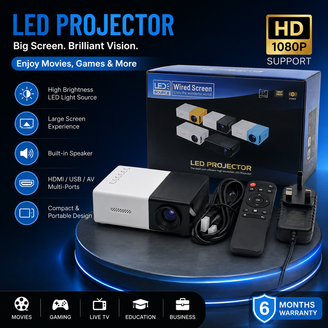 【 Comes with HDMI cable 】Power adapter version | WiFi high-definition 1080P projector, LED LCD projection TV built-in application equipped with remote speaker and smartphone compatible connection