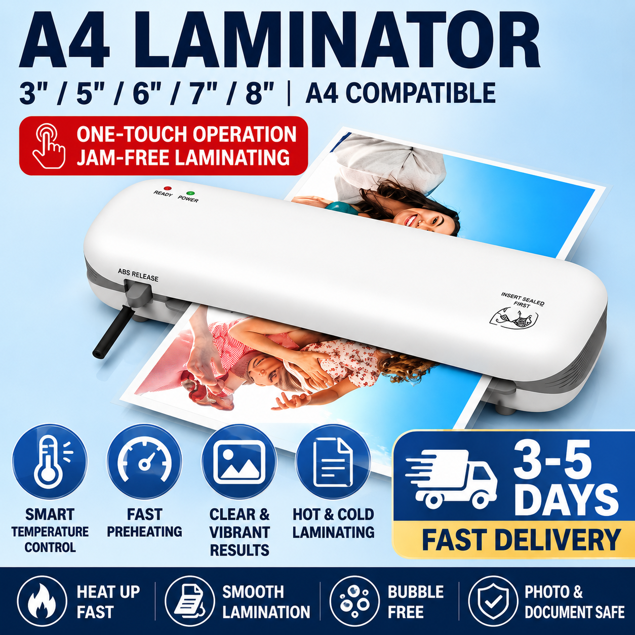 【Free 6 pieces of antioxidant film】A4 Laminator Machine, Hot & Cold Laminator, Fast Preheating, Jam Release System, Photo & Document Laminating Machine for Home, Office & School