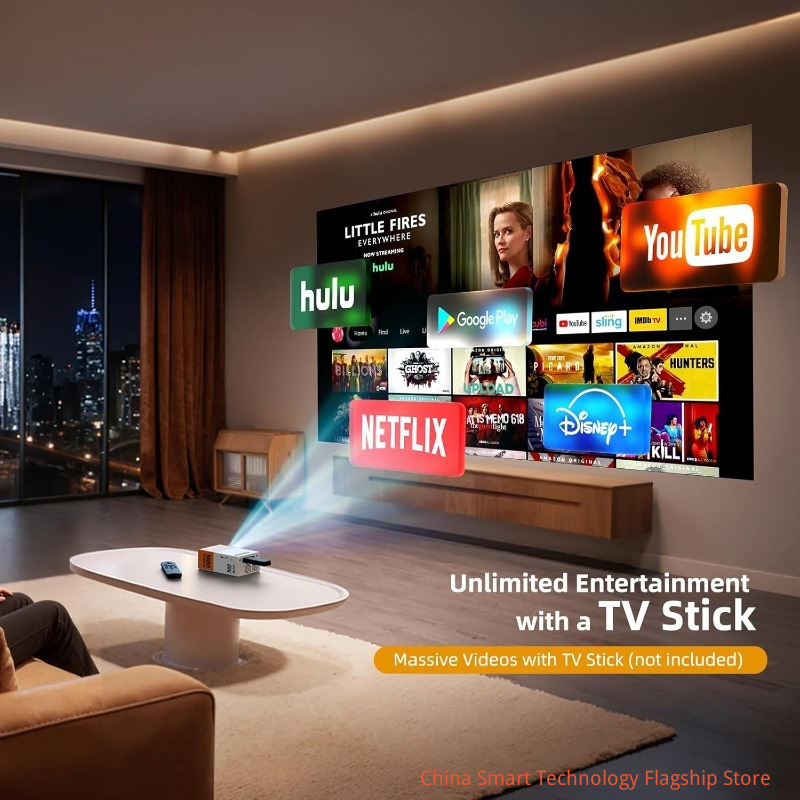 【 Comes with HDMI cable 】Power adapter version | WiFi high-definition 1080P projector, LED LCD projection TV built-in application equipped with remote speaker and smartphone compatible connection