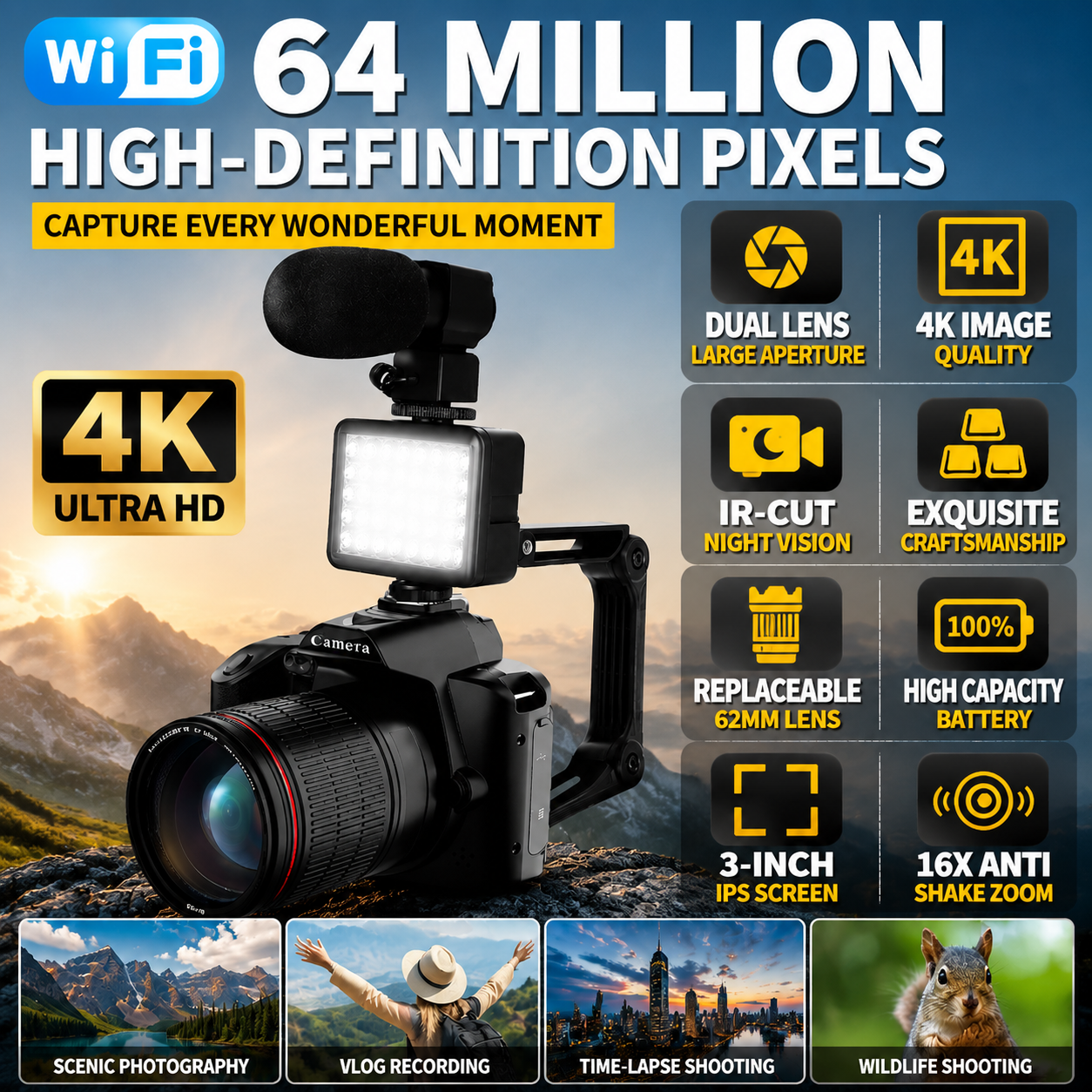 4K Digital Camera 64MP WiFi Vlogging Camera with IR Night Vision, 16X Zoom, 3.0" IPS Screen, Upgraded LED Fill Light & External Microphone