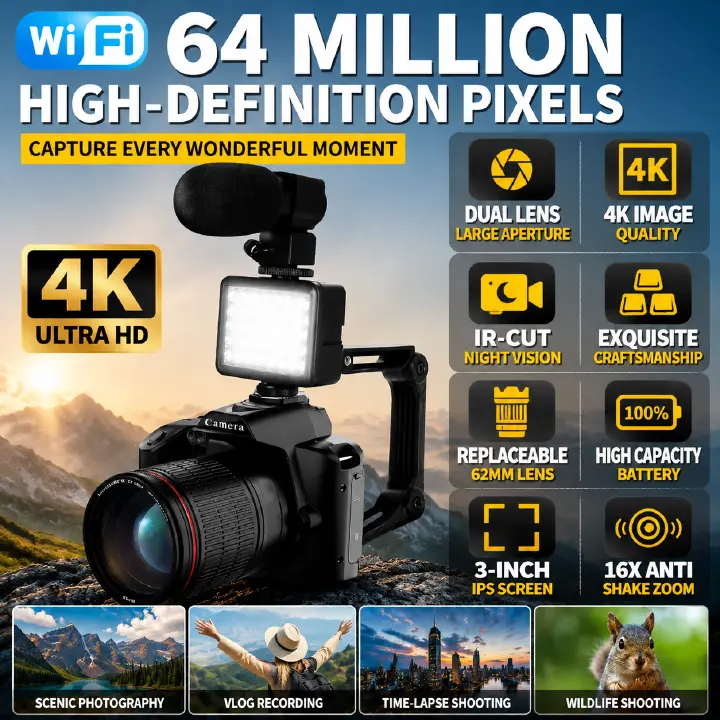 4K Digital Camera 64MP WiFi Vlogging Camera with IR Night Vision, 16X Zoom, 3.0" IPS Screen, Upgraded LED Fill Light & External Microphone