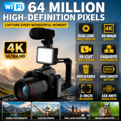 4K Digital Camera 64MP WiFi Vlogging Camera with IR Night Vision, 16X Zoom, 3.0" IPS Screen, Upgraded LED Fill Light & External Microphone